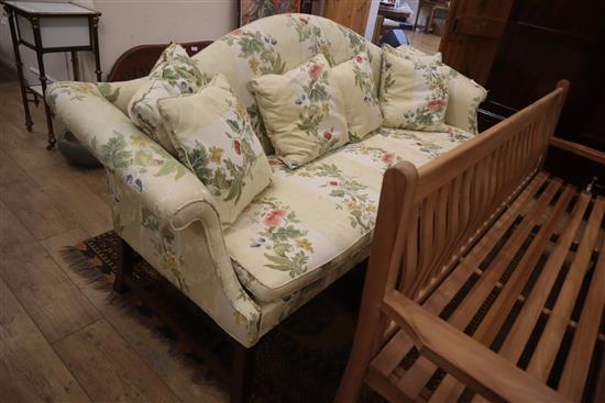 A near pair of George III style mahogany camel-back settees larger W.220cm